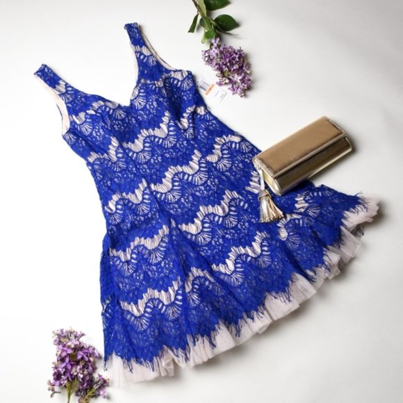 NWT B. DARLIN Royal Blue Fit Flare Lace Dress 7 Jr elegant prom party dress - Picture 2 of 5